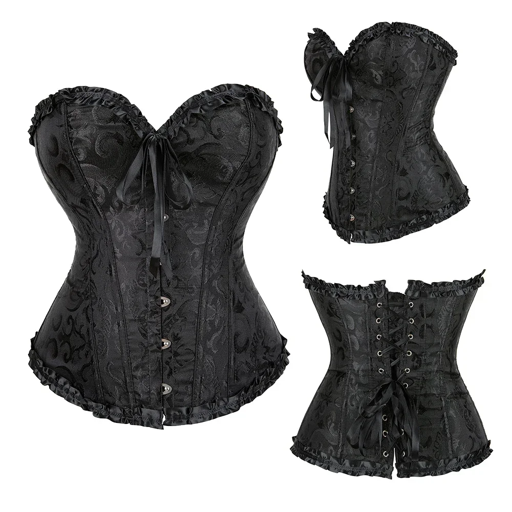 Victorian Corset Plus Size Women Sexy Overbust Bustiers Top Vintage Flower Print Lingerie Corselet Lace Korsett White Black Blue