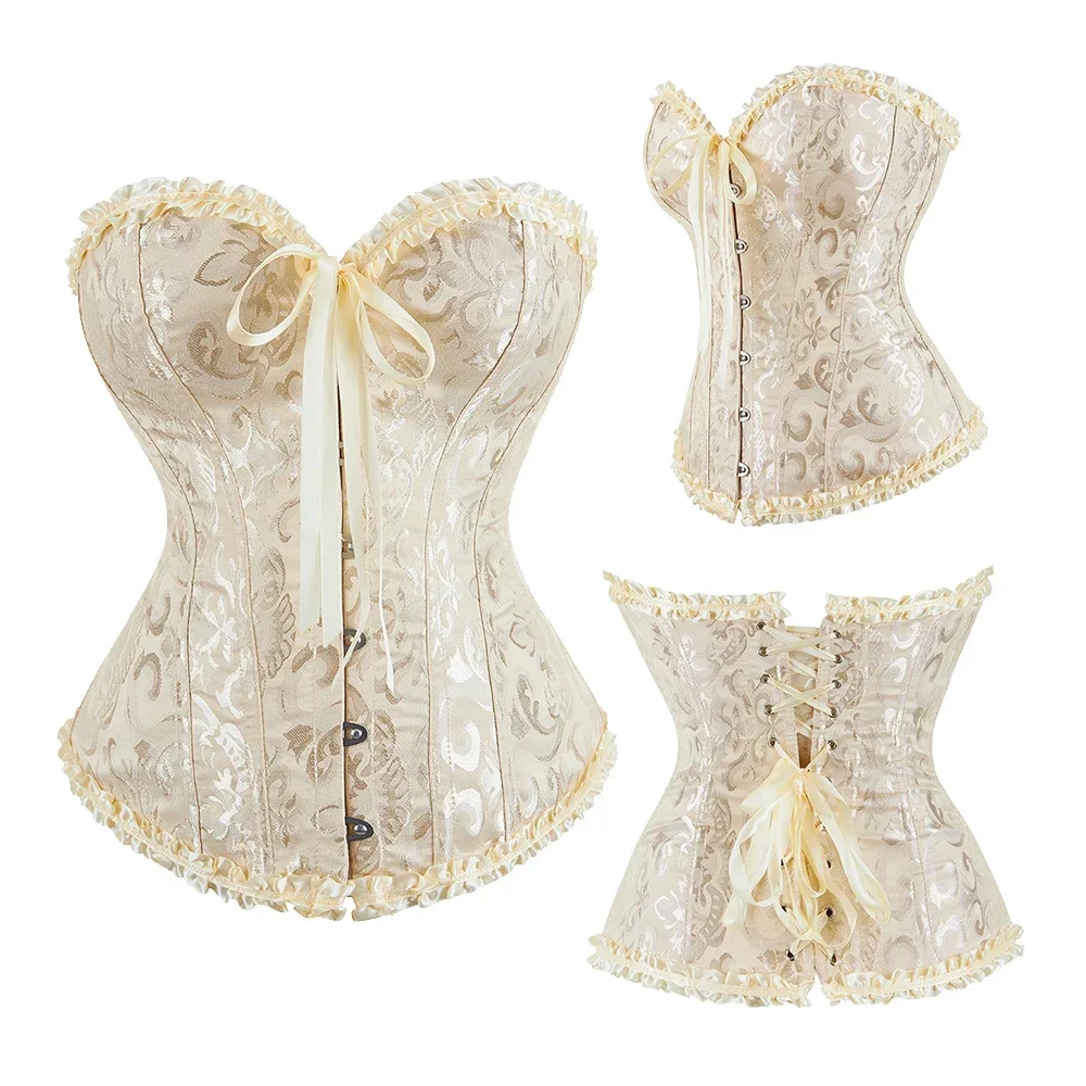 Victorian Corset Plus Size Women Sexy Overbust Bustiers Top Vintage Flower Print Lingerie Corselet Lace Korsett White Black Blue