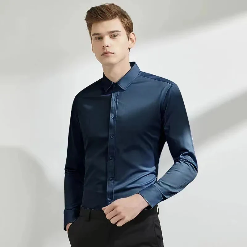 Men's Long Sleeved Elastic Shirt Non Ironing Casual Business Dress Professional Work Attire Slim Fit Navy Office Menswear 100KG