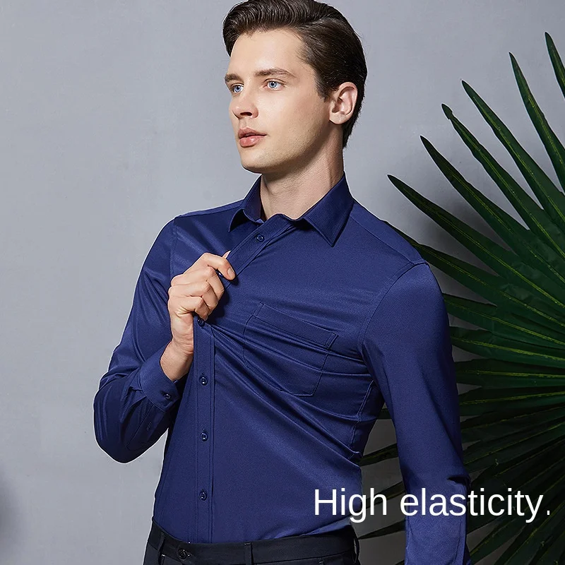 Men's Long Sleeved Elastic Shirt Non Ironing Casual Business Dress Professional Work Attire Slim Fit Navy Office Menswear 100KG