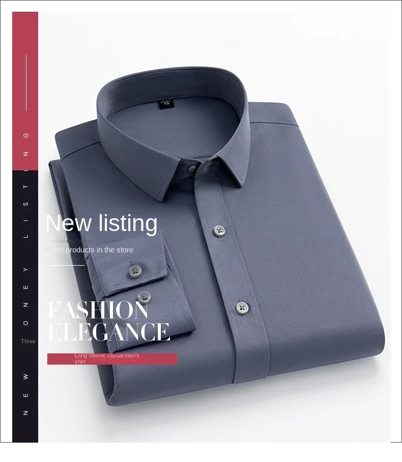 Men's Long Sleeved Elastic Shirt Non Ironing Casual Business Dress Professional Work Attire Slim Fit Navy Office Menswear 100KG