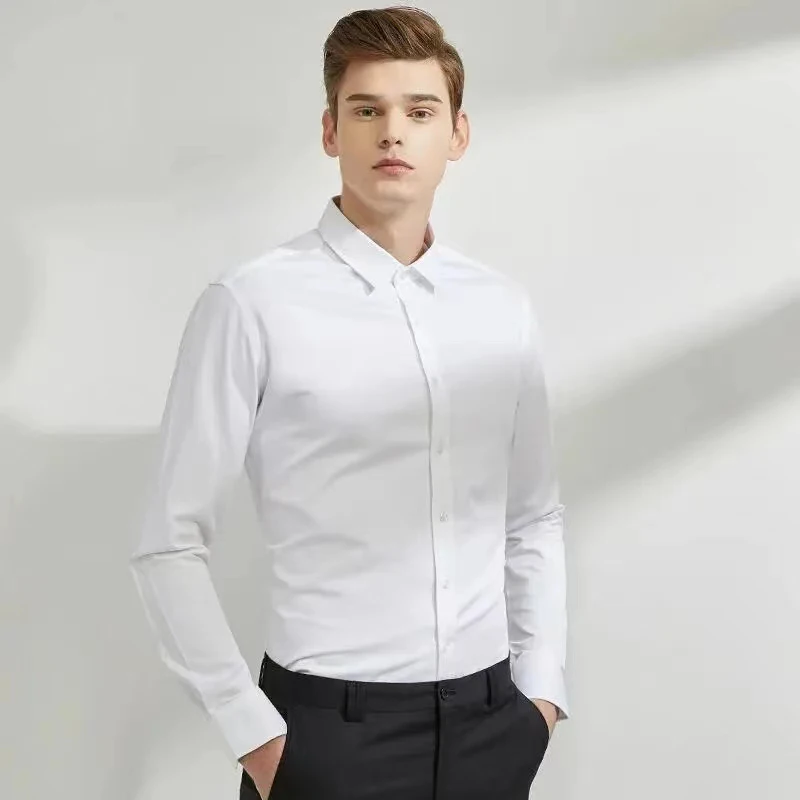Men's Long Sleeved Elastic Shirt Non Ironing Casual Business Dress Professional Work Attire Slim Fit Navy Office Menswear 100KG