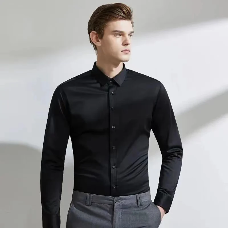 Men's Long Sleeved Elastic Shirt Non Ironing Casual Business Dress Professional Work Attire Slim Fit Navy Office Menswear 100KG