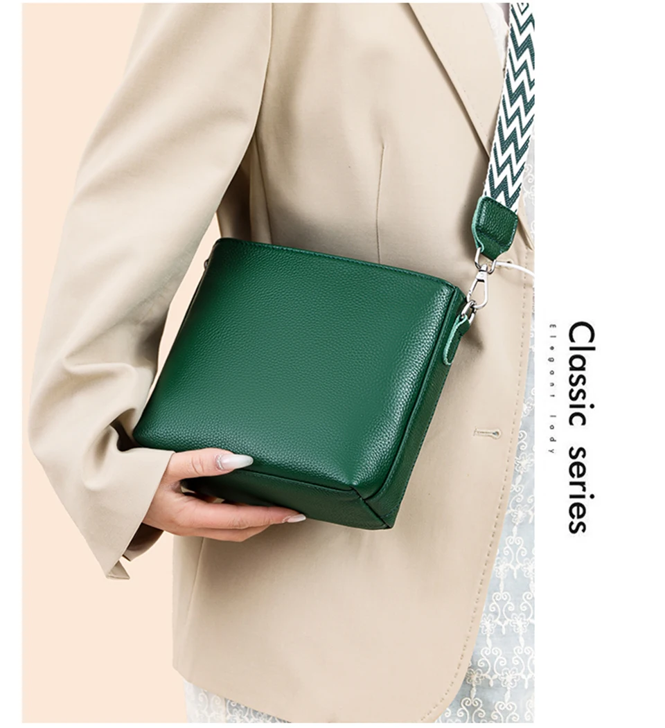 100% Genuine Leather Crossbody Bag Women Fashion Wide Strap Shoulder Bag Ladies Cowhide Messenger Bag Small Handbag and Purse