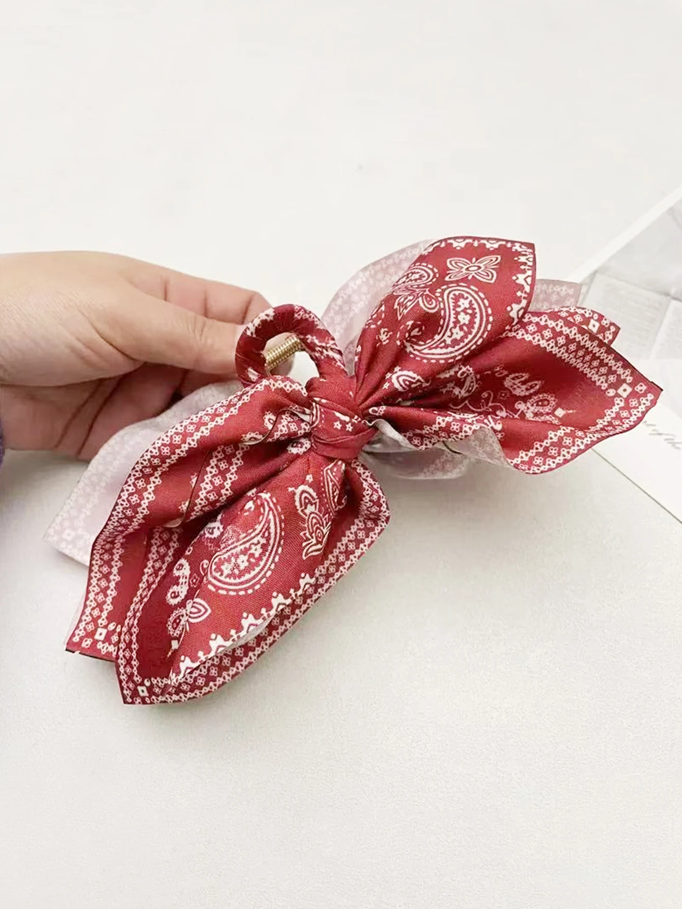 1pcs Bohemian Versatile Unique Hair Clip, Red Cashew Flower Bow Grab Clip Sweet Shark Clip Resort Ponytail Clip Fashion Headwear