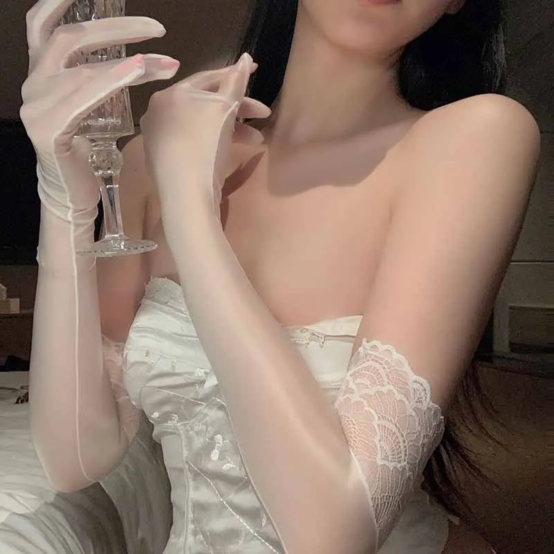 Women Sexy High Elasticity Lace Oil Smooth Long Stockings Gloves Wedding Party Club Nightclub See Through Cosplay Accessories