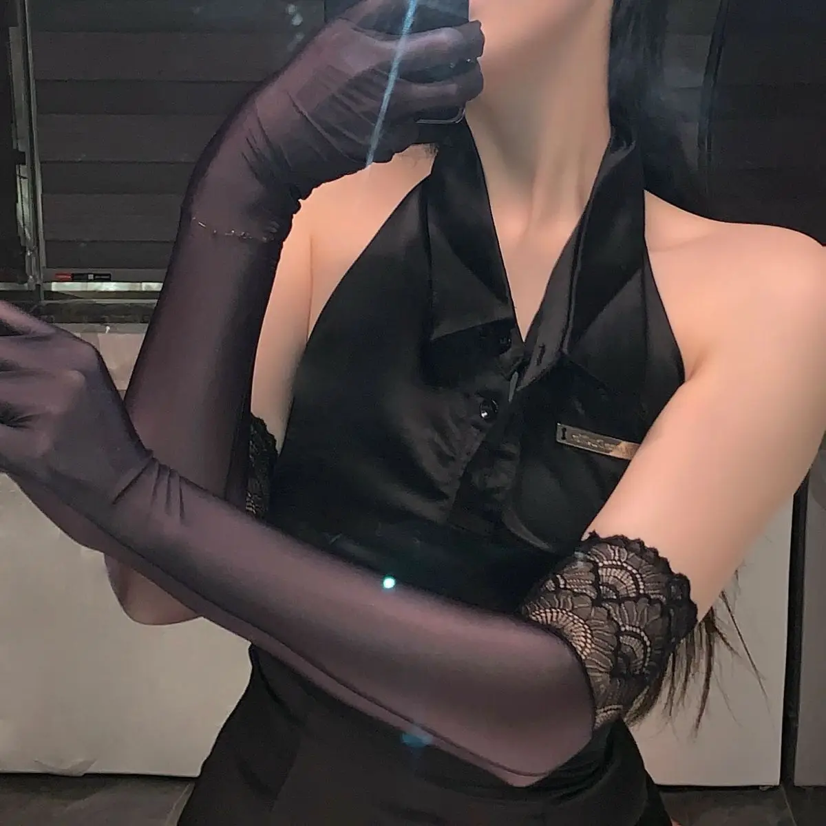 Women Sexy High Elasticity Lace Oil Smooth Long Stockings Gloves Wedding Party Club Nightclub See Through Cosplay Accessories