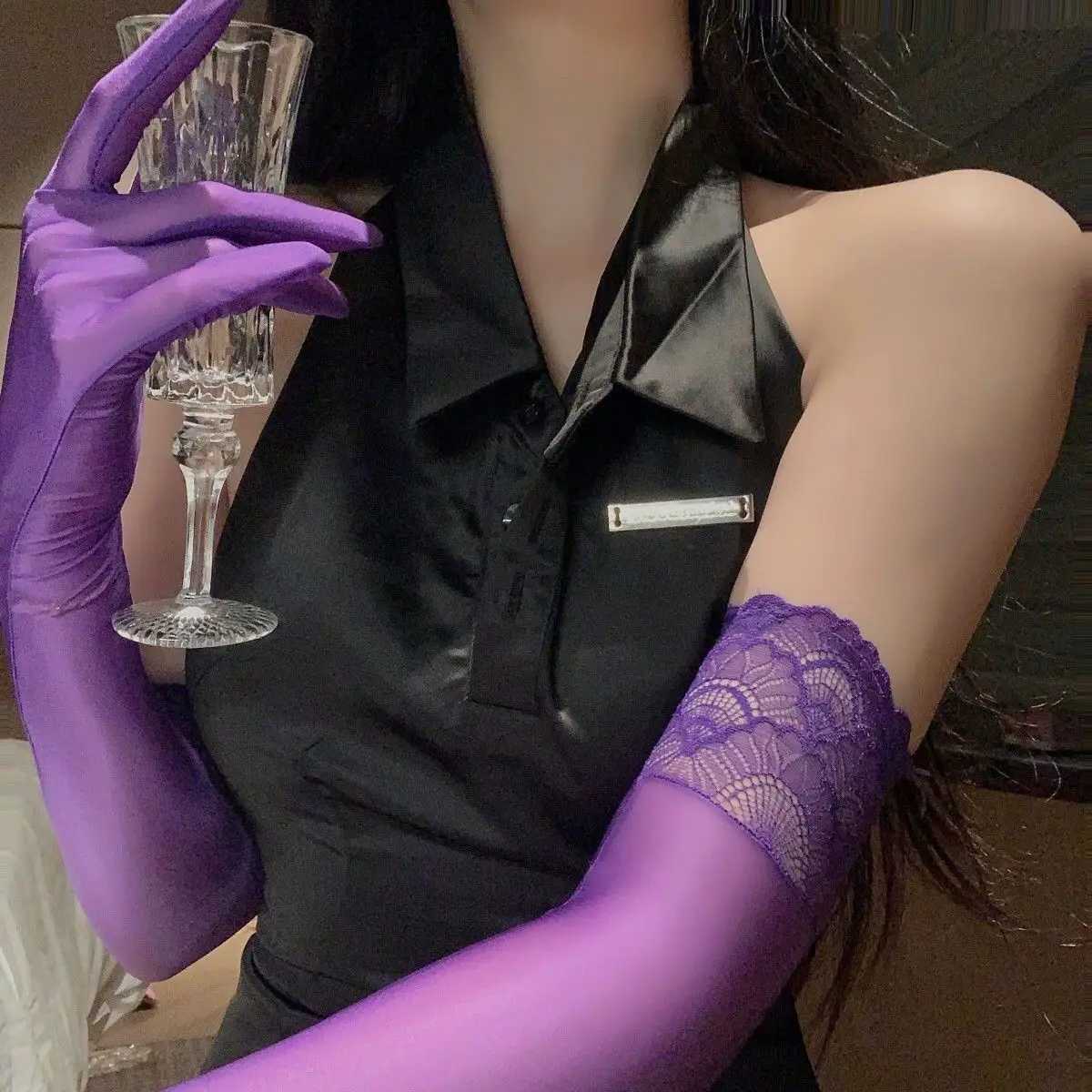 Women Sexy High Elasticity Lace Oil Smooth Long Stockings Gloves Wedding Party Club Nightclub See Through Cosplay Accessories