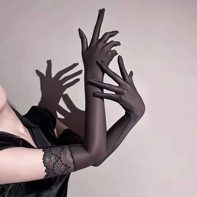 Women Sexy High Elasticity Lace Oil Smooth Long Stockings Gloves Wedding Party Club Nightclub See Through Cosplay Accessories