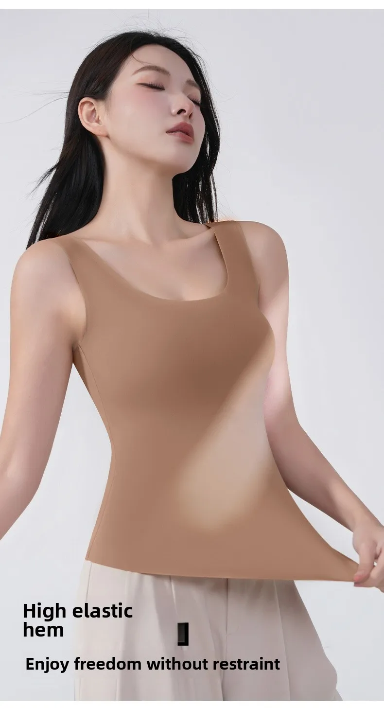 M-2XL Ice Silk Seamless One-piece Bottoming Tank Tops with Chest Pads Women Inner Outerwear Wide Shoulder Sleeveless Tops