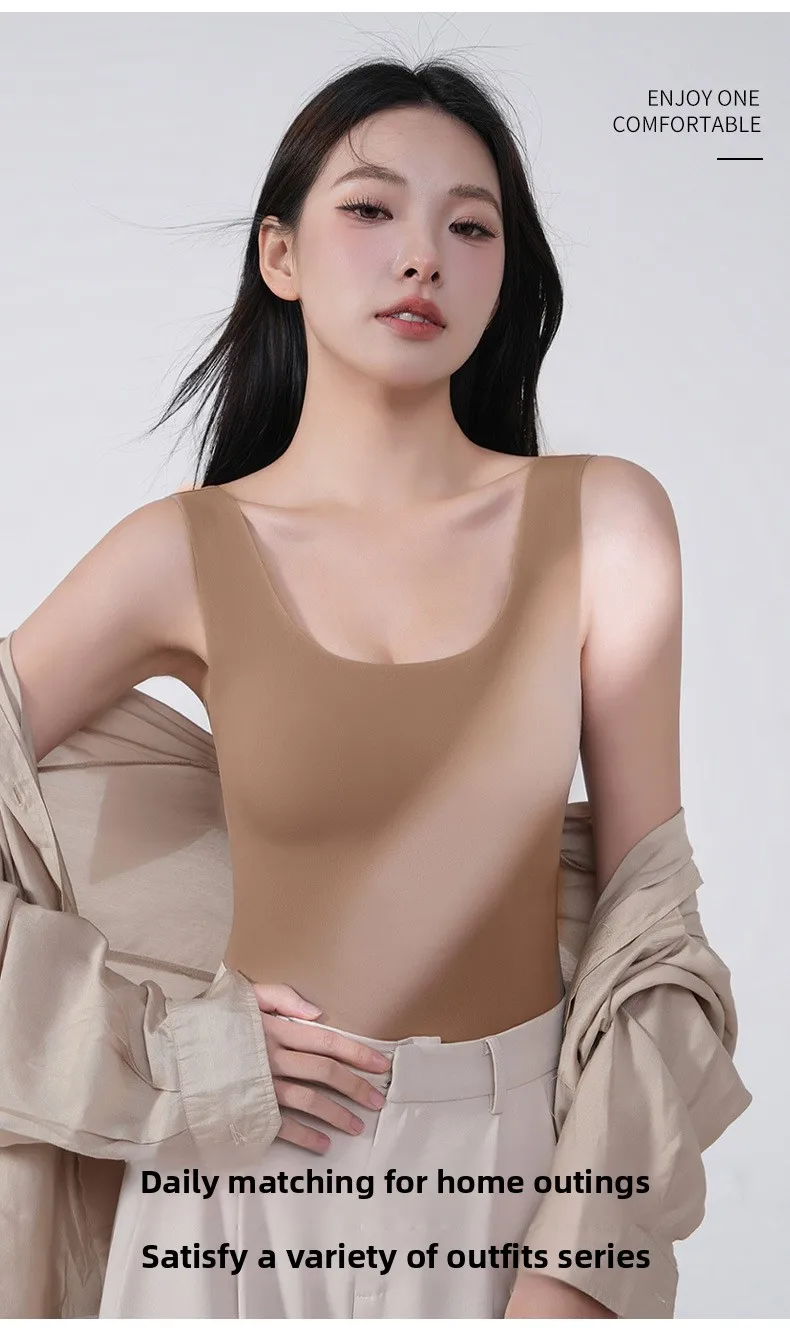 M-2XL Ice Silk Seamless One-piece Bottoming Tank Tops with Chest Pads Women Inner Outerwear Wide Shoulder Sleeveless Tops