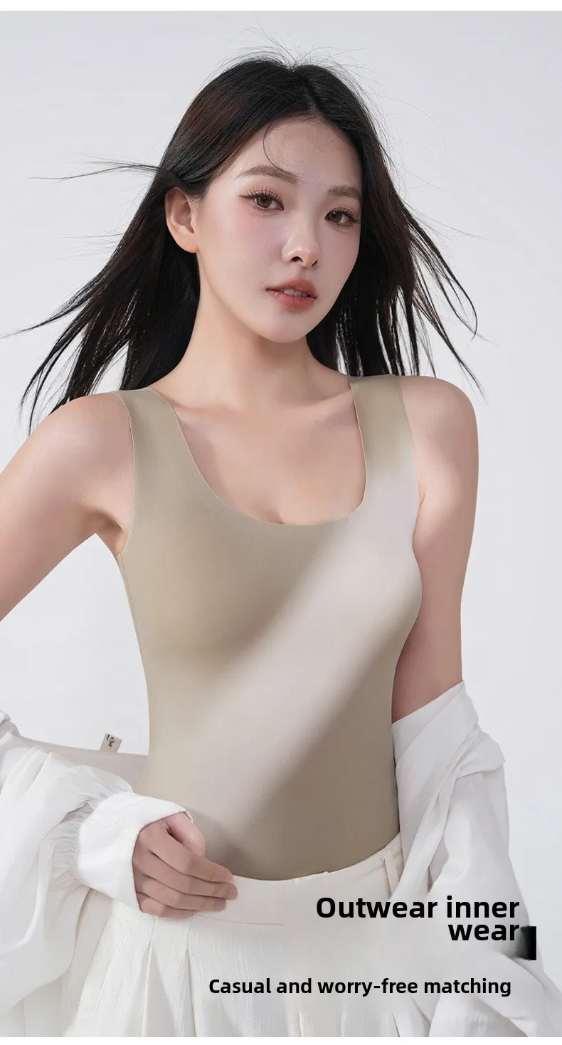 M-2XL Ice Silk Seamless One-piece Bottoming Tank Tops with Chest Pads Women Inner Outerwear Wide Shoulder Sleeveless Tops