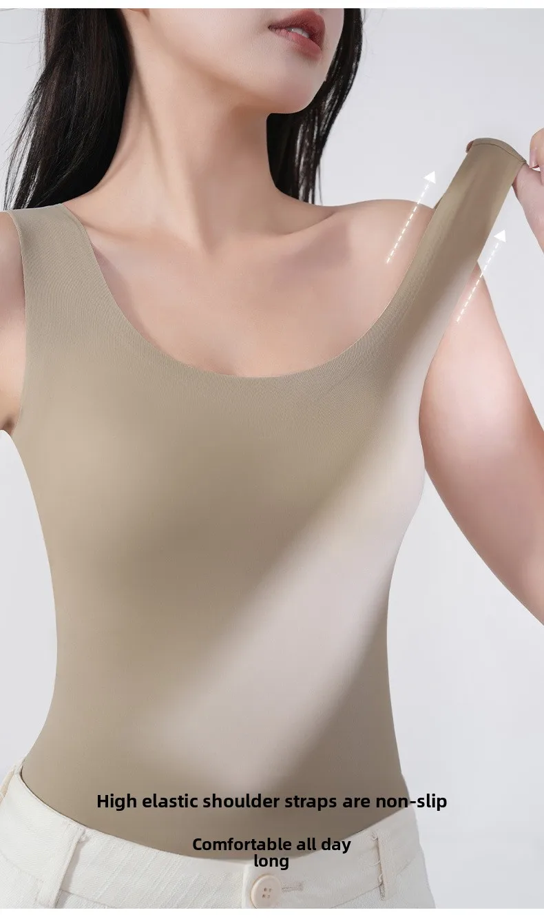 M-2XL Ice Silk Seamless One-piece Bottoming Tank Tops with Chest Pads Women Inner Outerwear Wide Shoulder Sleeveless Tops