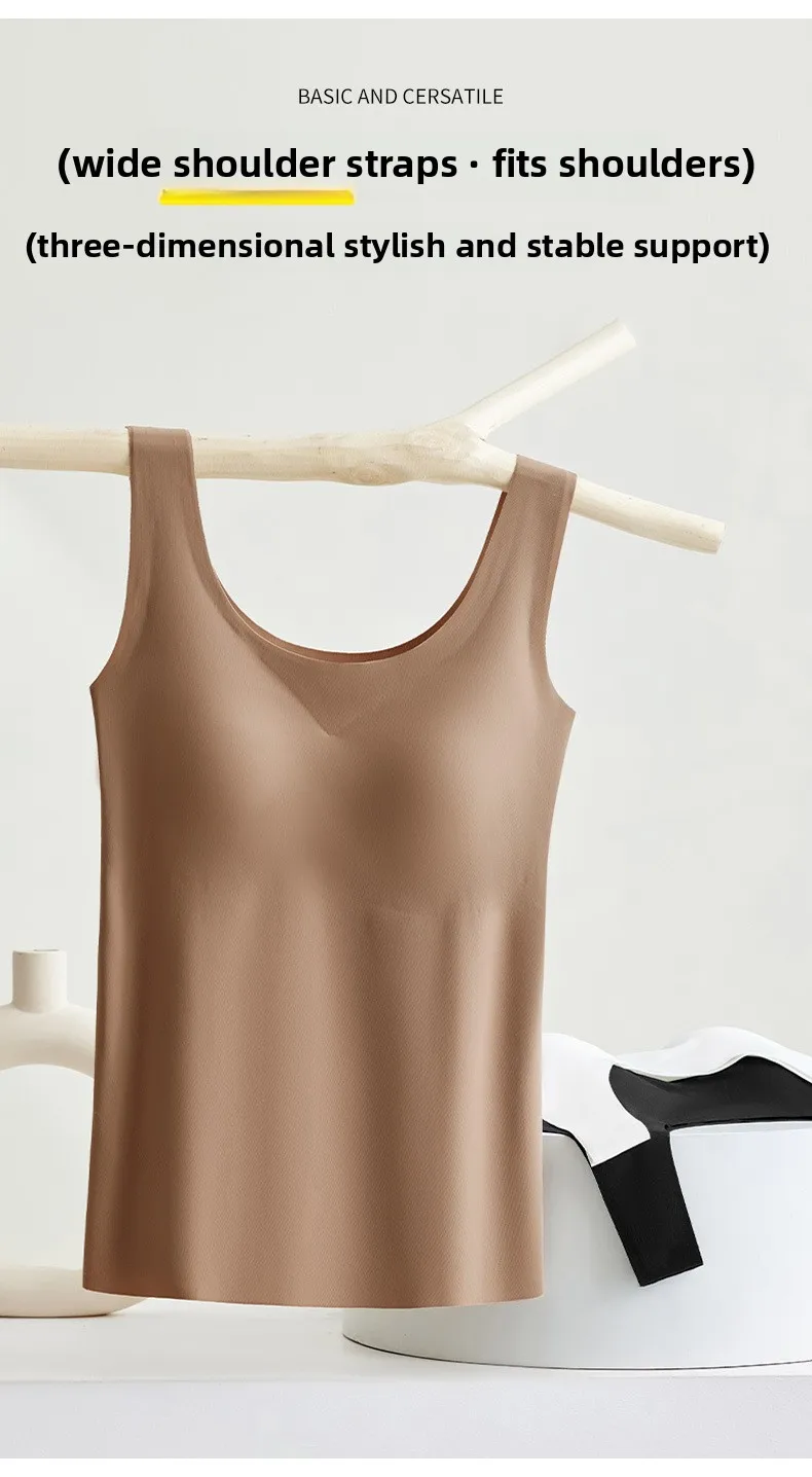 M-2XL Ice Silk Seamless One-piece Bottoming Tank Tops with Chest Pads Women Inner Outerwear Wide Shoulder Sleeveless Tops