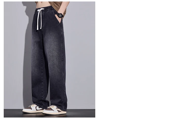Men's Clothing Wide-leg Pants Baggy Jeans Streetwear Straight Fashion Denim Trousers Y2k Vintage Washed Elastic Waist Man Pants