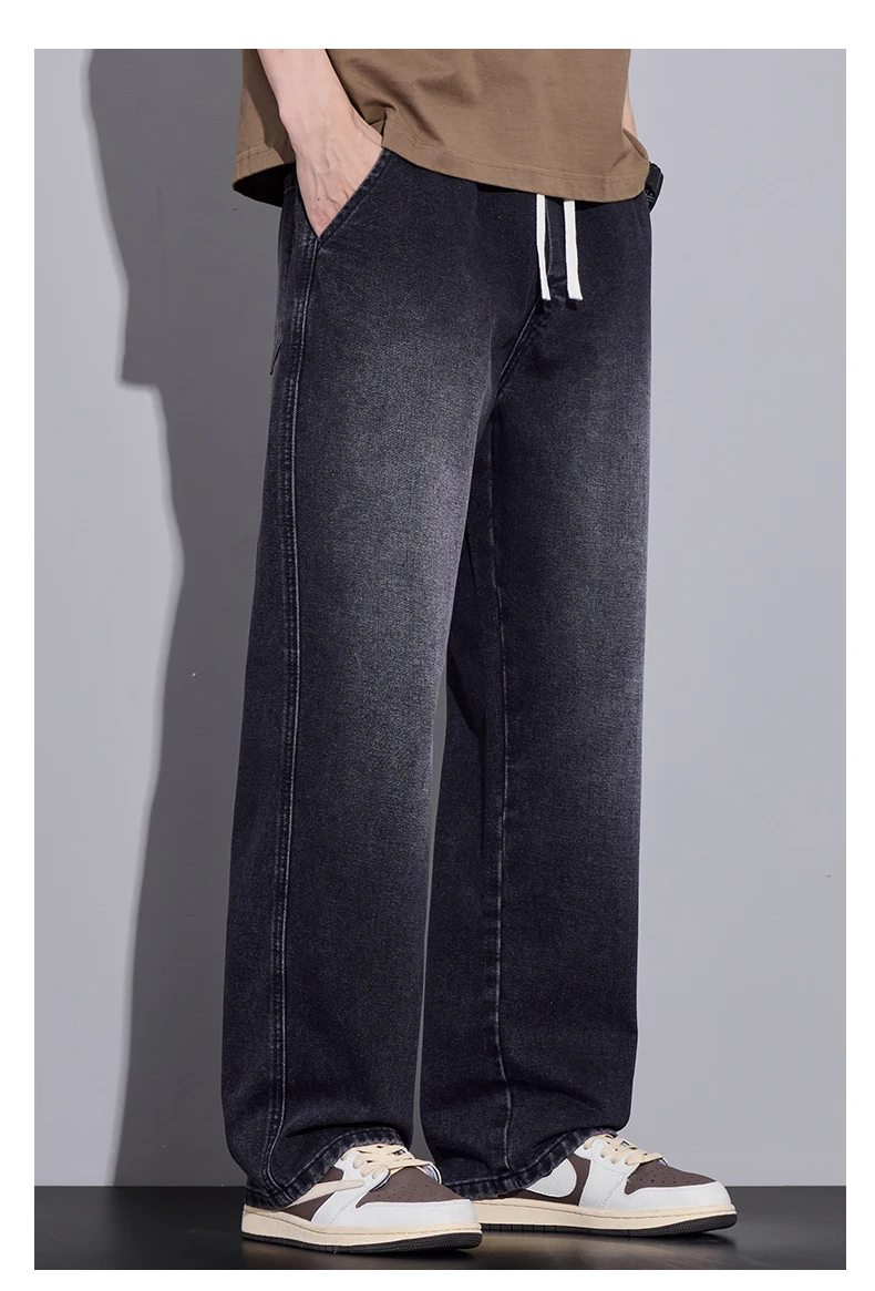 Men's Clothing Wide-leg Pants Baggy Jeans Streetwear Straight Fashion Denim Trousers Y2k Vintage Washed Elastic Waist Man Pants