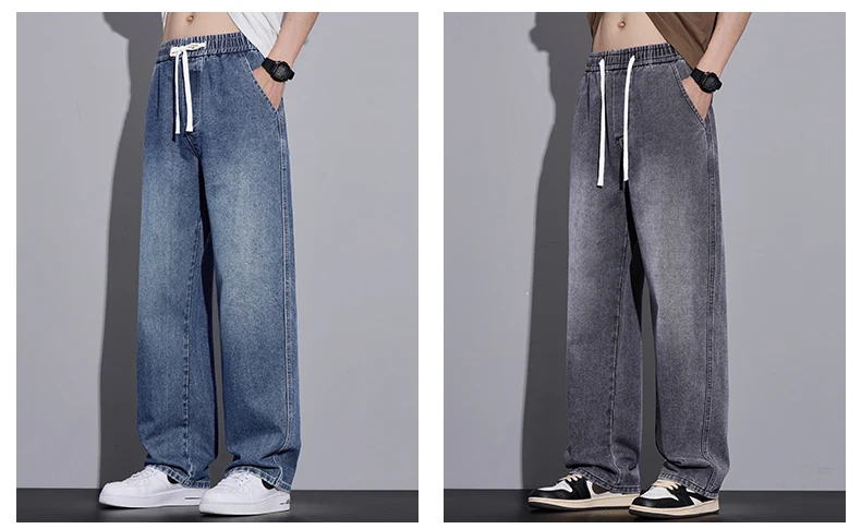 Men's Clothing Wide-leg Pants Baggy Jeans Streetwear Straight Fashion Denim Trousers Y2k Vintage Washed Elastic Waist Man Pants