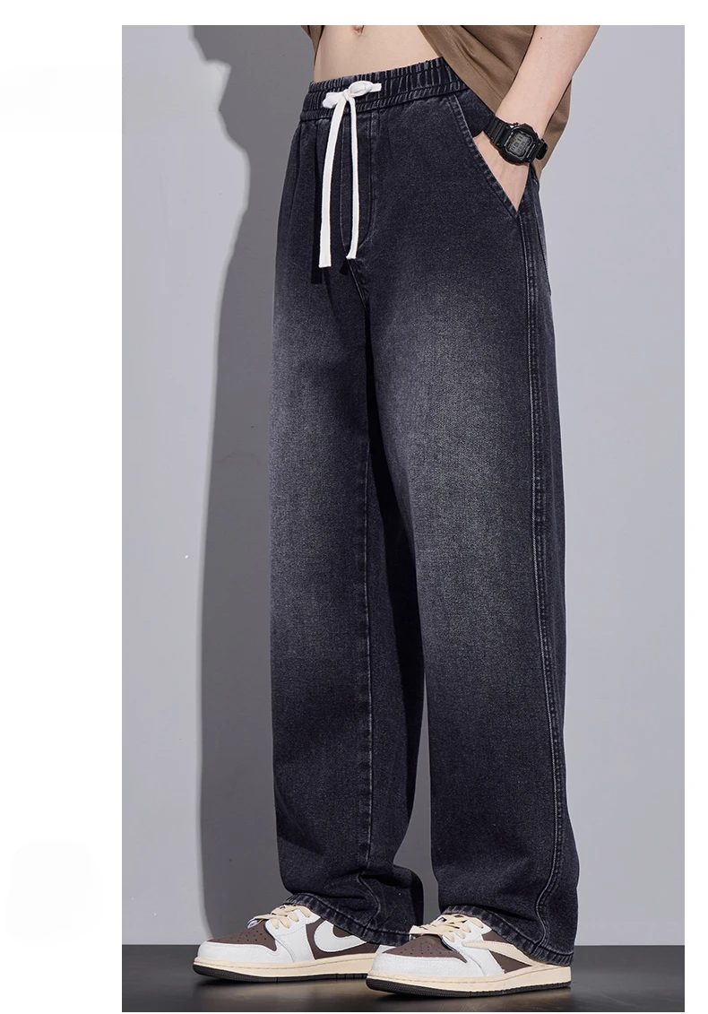 Men's Clothing Wide-leg Pants Baggy Jeans Streetwear Straight Fashion Denim Trousers Y2k Vintage Washed Elastic Waist Man Pants