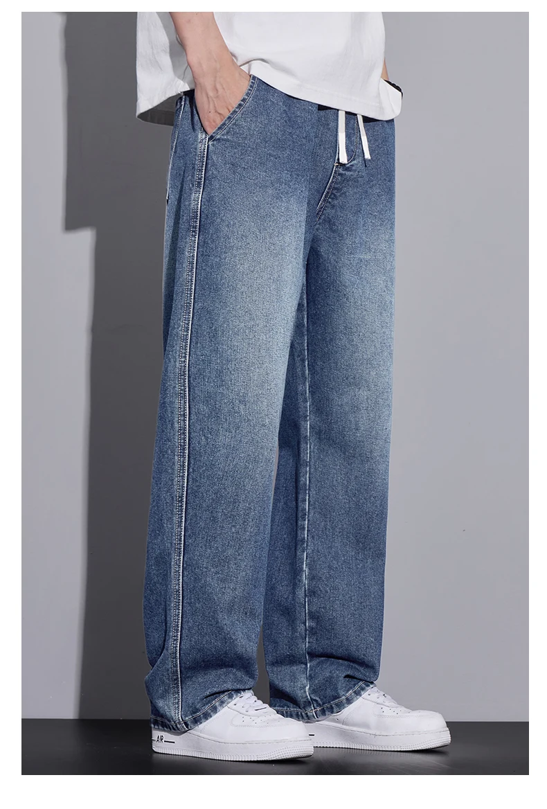 Men's Clothing Wide-leg Pants Baggy Jeans Streetwear Straight Fashion Denim Trousers Y2k Vintage Washed Elastic Waist Man Pants
