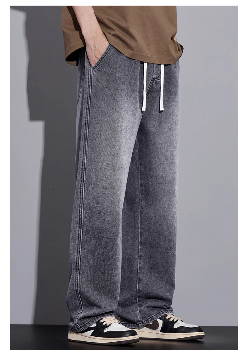 Men's Clothing Wide-leg Pants Baggy Jeans Streetwear Straight Fashion Denim Trousers Y2k Vintage Washed Elastic Waist Man Pants