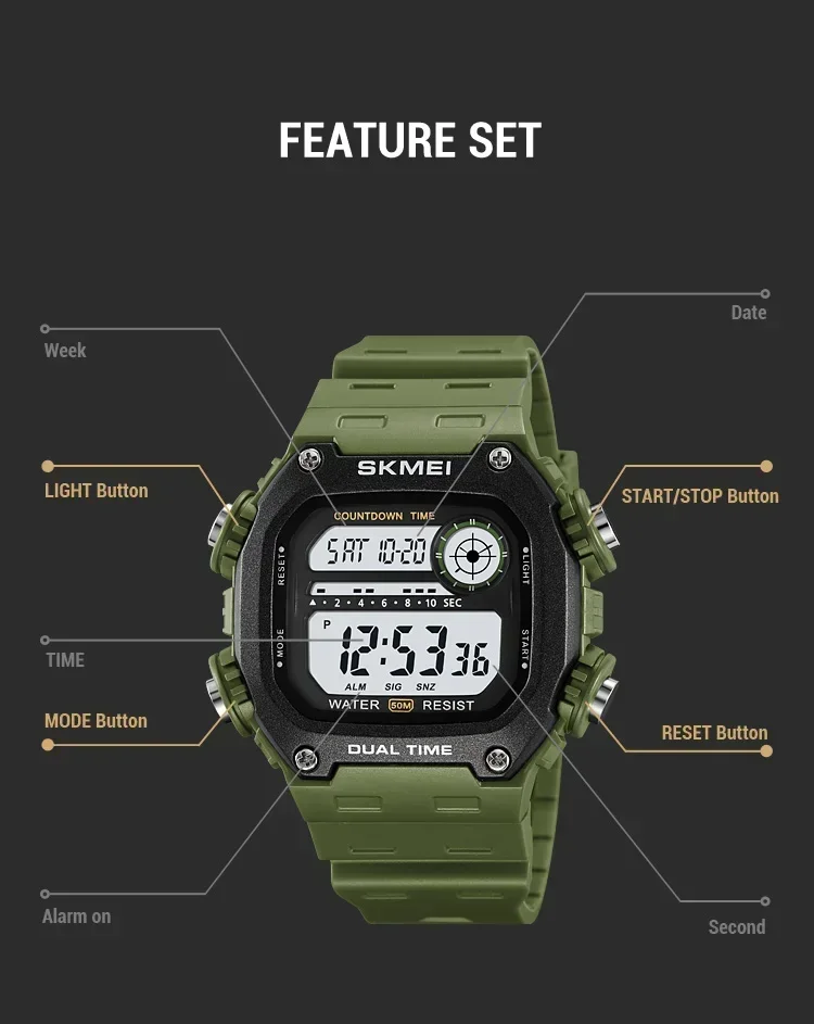 SKMEI 2126 Sports Watches for Men Waterproof Stopwatch Alarm LED Display Digital Countdown Mens Wristwatch Clock Montre Homme
