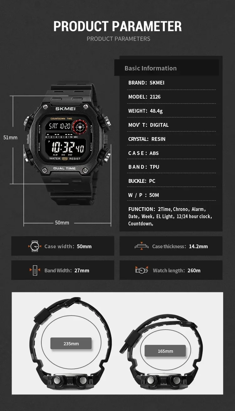 SKMEI 2126 Sports Watches for Men Waterproof Stopwatch Alarm LED Display Digital Countdown Mens Wristwatch Clock Montre Homme
