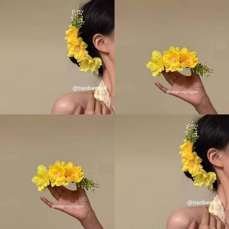Sweet Brides Wedding Flower Hair Comb Women Yellow pink Flower Hairpin Bridesmaid Headdress Hair Combs Girls Floral Hairclip