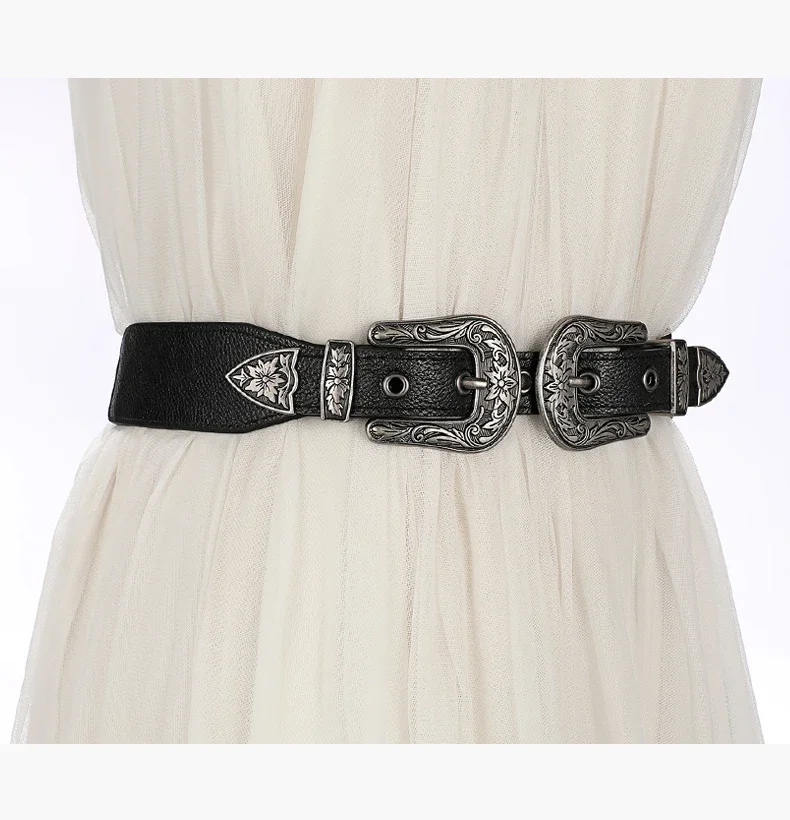 Cool Belt for Women Carved Floral Buckle Retro Fashion Elastic Waistband
