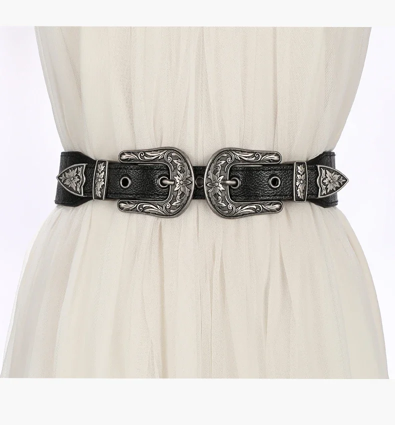 Cool Belt for Women Carved Floral Buckle Retro Fashion Elastic Waistband