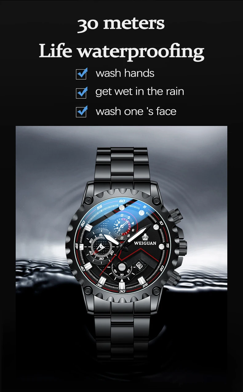 Men's Watch Black Warrior Authentic Trendy Stainless Steel Waterproof Luminous Calendar Male Fashion Quartz Clock Watches Gift