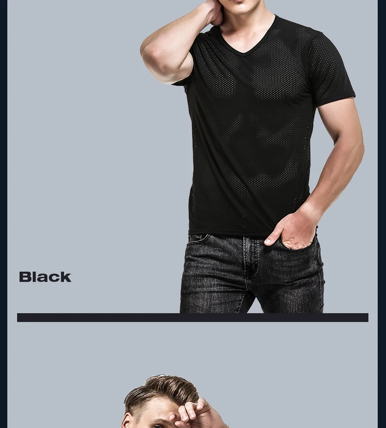 Ice mesh eye T-shirt Men's mesh breathable mesh hollow sports fitness summer quick dry loose V-neck tide mesh short sleeve