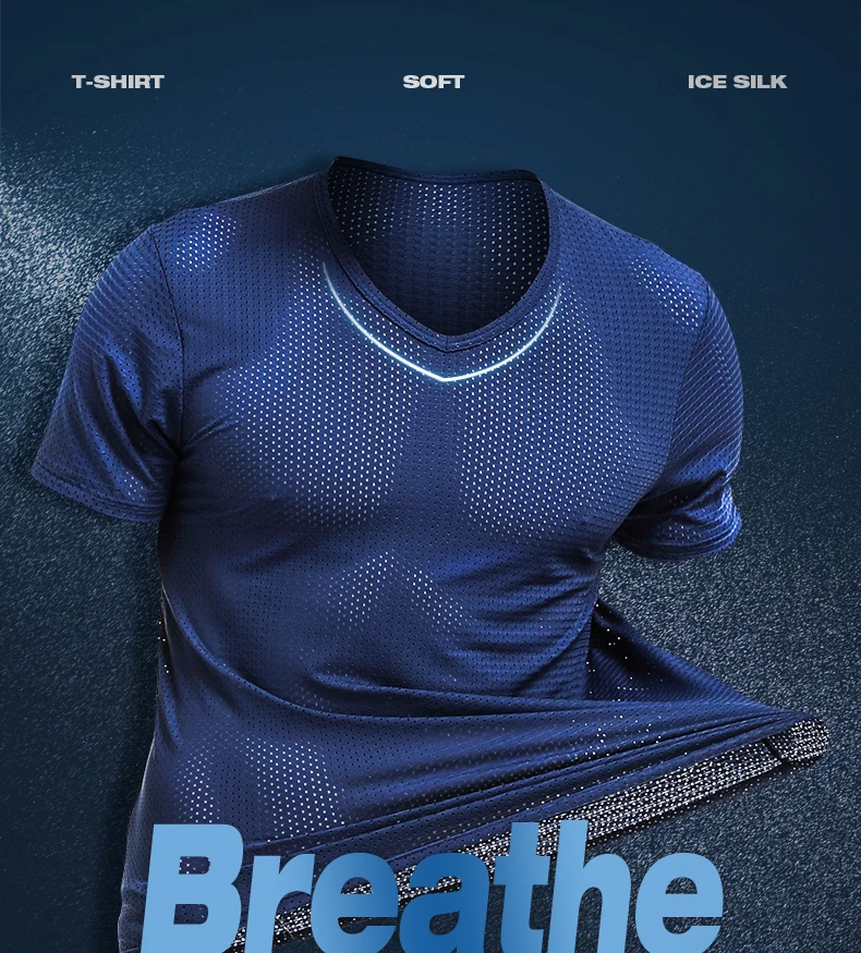 Ice mesh eye T-shirt Men's mesh breathable mesh hollow sports fitness summer quick dry loose V-neck tide mesh short sleeve