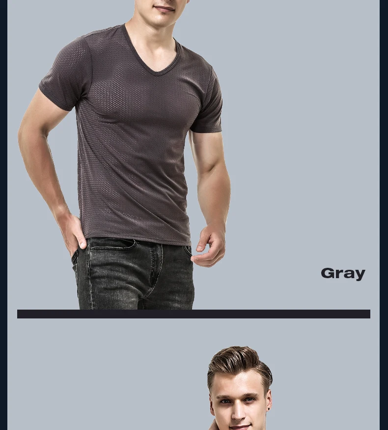 Ice mesh eye T-shirt Men's mesh breathable mesh hollow sports fitness summer quick dry loose V-neck tide mesh short sleeve