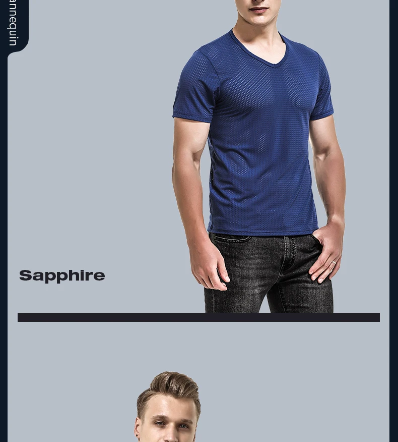 Ice mesh eye T-shirt Men's mesh breathable mesh hollow sports fitness summer quick dry loose V-neck tide mesh short sleeve