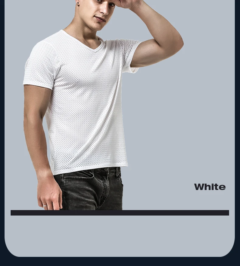 Ice mesh eye T-shirt Men's mesh breathable mesh hollow sports fitness summer quick dry loose V-neck tide mesh short sleeve