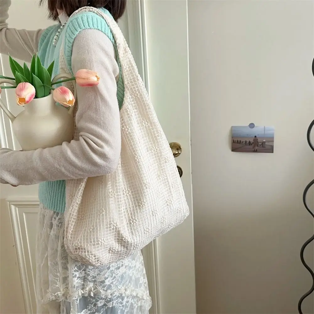 Elegant Sweet Daisy Flower Shoulder Bag Nylon Pastoral Style Bohemian Handbag Underarm Bag Lightweight Beach Bag Girls