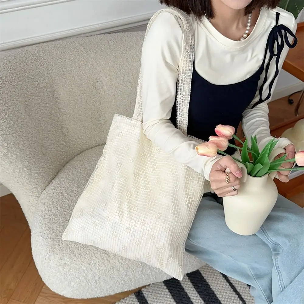 Elegant Sweet Daisy Flower Shoulder Bag Nylon Pastoral Style Bohemian Handbag Underarm Bag Lightweight Beach Bag Girls