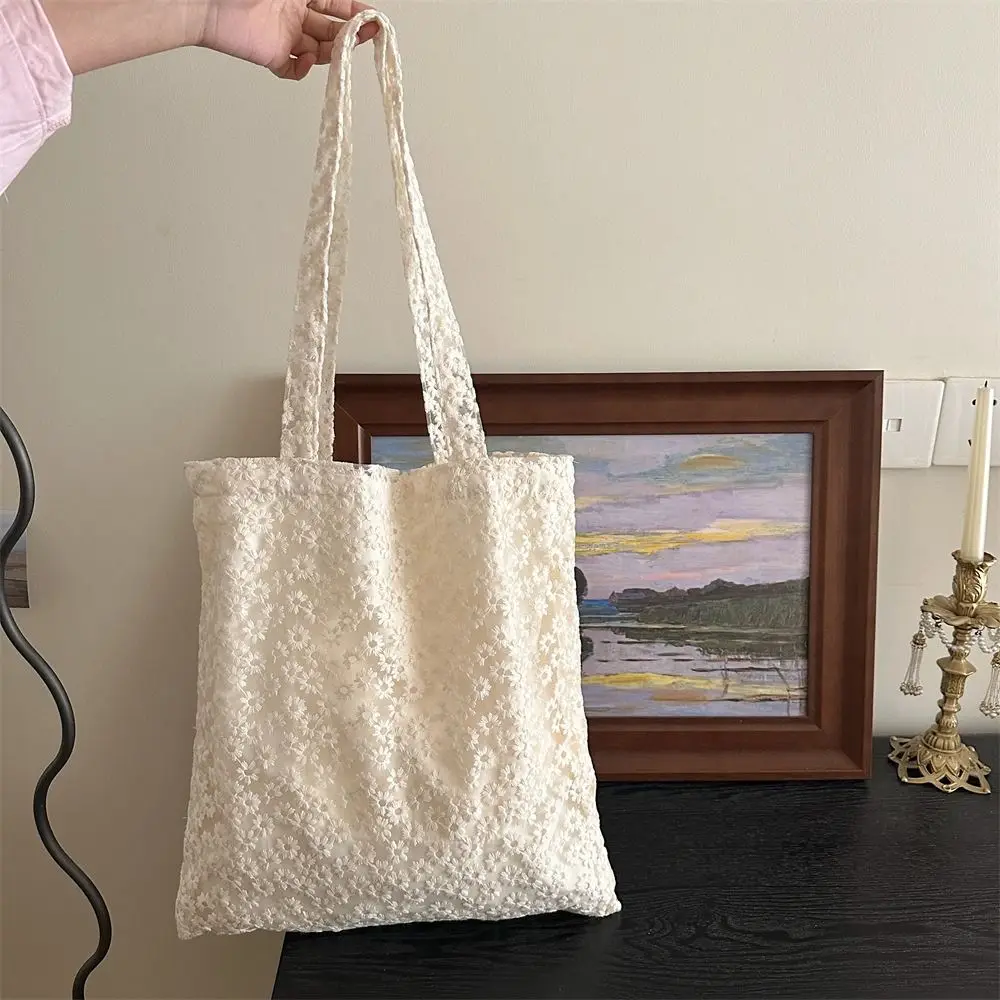 Elegant Sweet Daisy Flower Shoulder Bag Nylon Pastoral Style Bohemian Handbag Underarm Bag Lightweight Beach Bag Girls