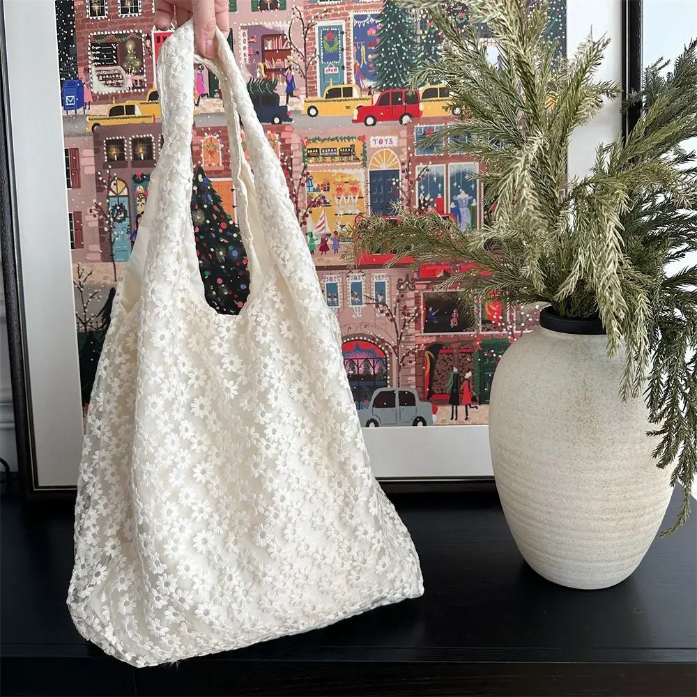 Elegant Sweet Daisy Flower Shoulder Bag Nylon Pastoral Style Bohemian Handbag Underarm Bag Lightweight Beach Bag Girls
