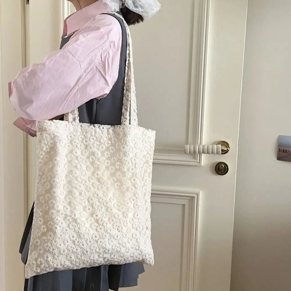 Elegant Sweet Daisy Flower Shoulder Bag Nylon Pastoral Style Bohemian Handbag Underarm Bag Lightweight Beach Bag Girls