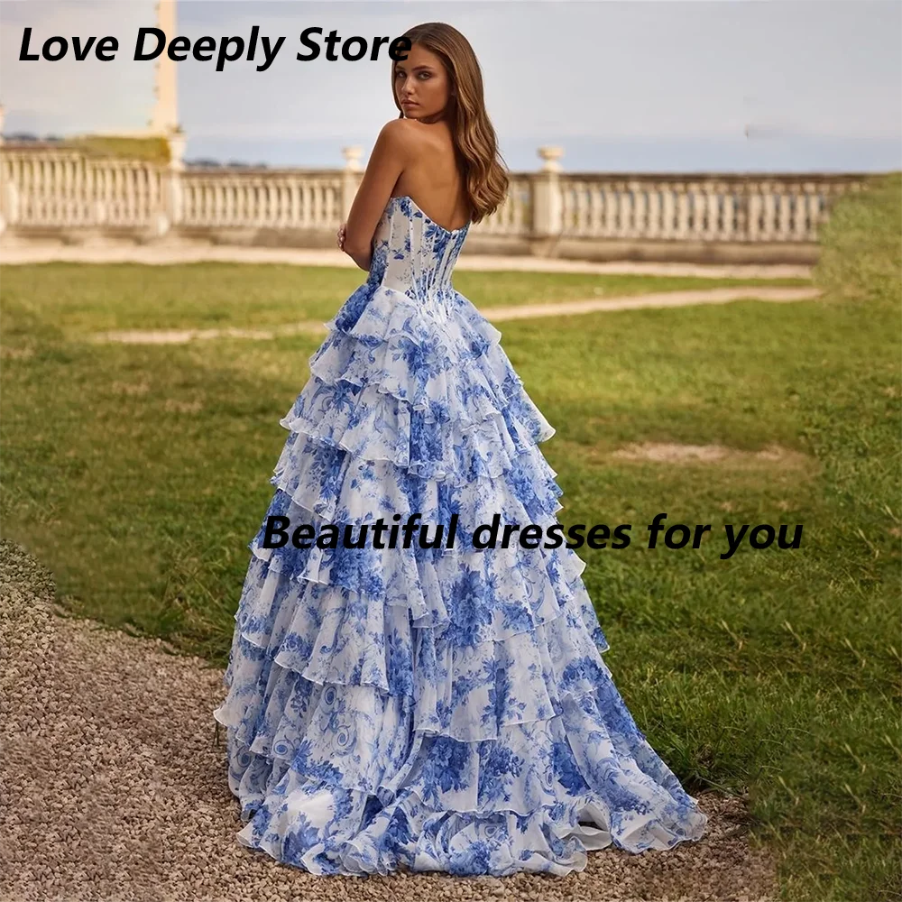 Floral Print Evening Dress Customized Tiered Ruffle A Line Prom Dress Side High Split Vestidos De Noiva Long Party Dresses