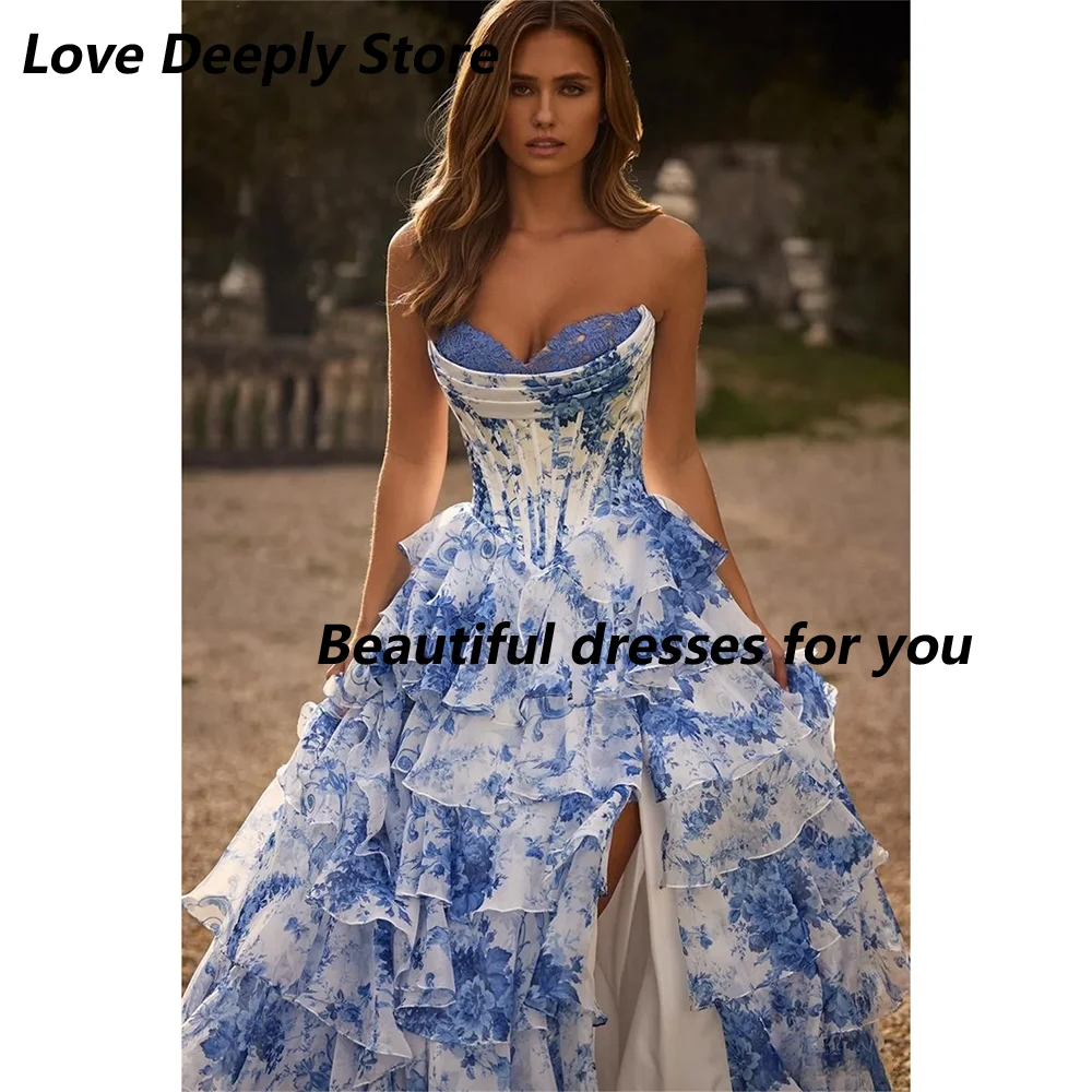 Floral Print Evening Dress Customized Tiered Ruffle A Line Prom Dress Side High Split Vestidos De Noiva Long Party Dresses