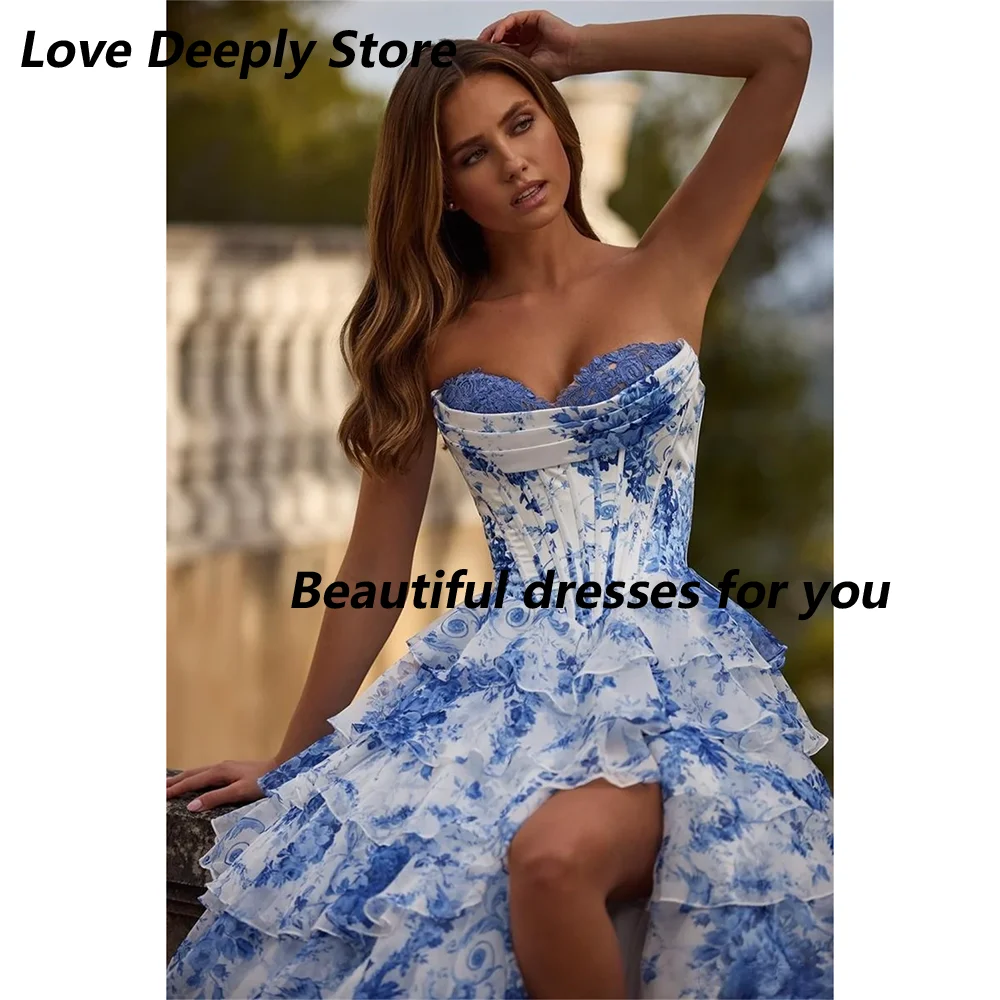 Floral Print Evening Dress Customized Tiered Ruffle A Line Prom Dress Side High Split Vestidos De Noiva Long Party Dresses