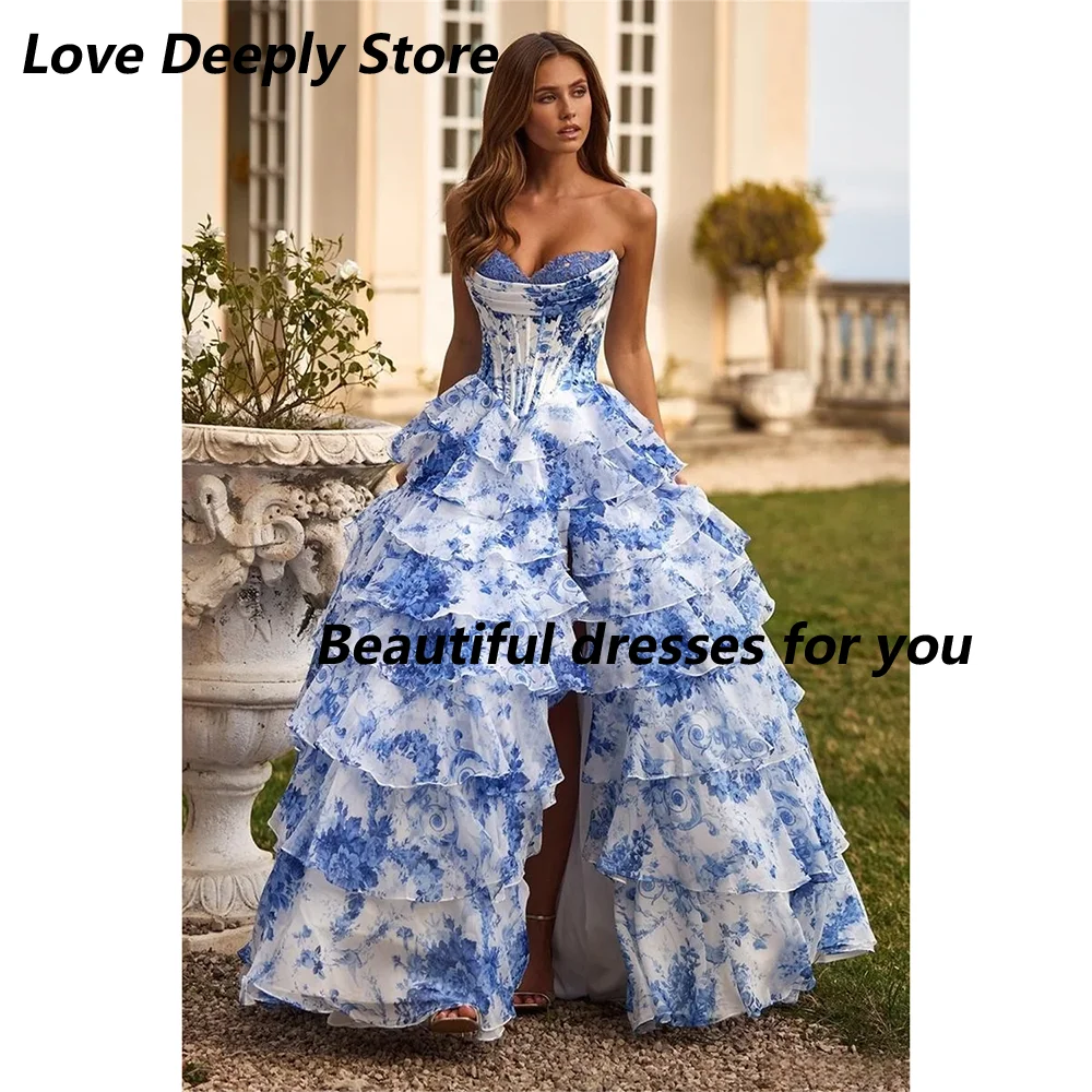 Floral Print Evening Dress Customized Tiered Ruffle A Line Prom Dress Side High Split Vestidos De Noiva Long Party Dresses