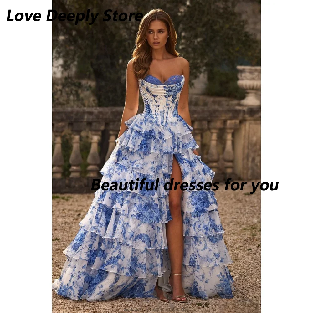 Floral Print Evening Dress Customized Tiered Ruffle A Line Prom Dress Side High Split Vestidos De Noiva Long Party Dresses