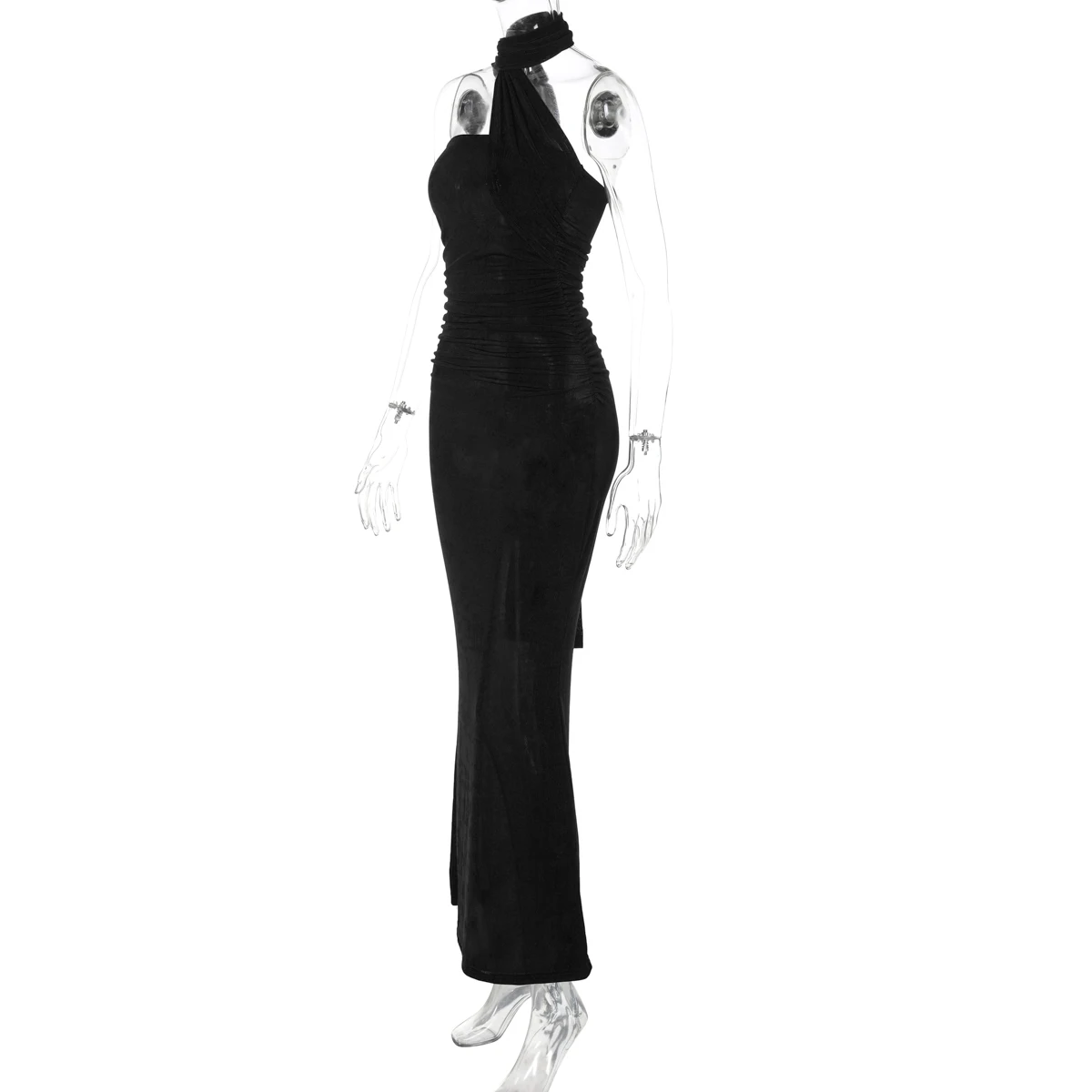 Hugcitar Halter Solid Sleeveless Backless Ruched Sexy Bodycon Maxi Prom Dress Summer Women Elegant Outfit Evening Party Birthday