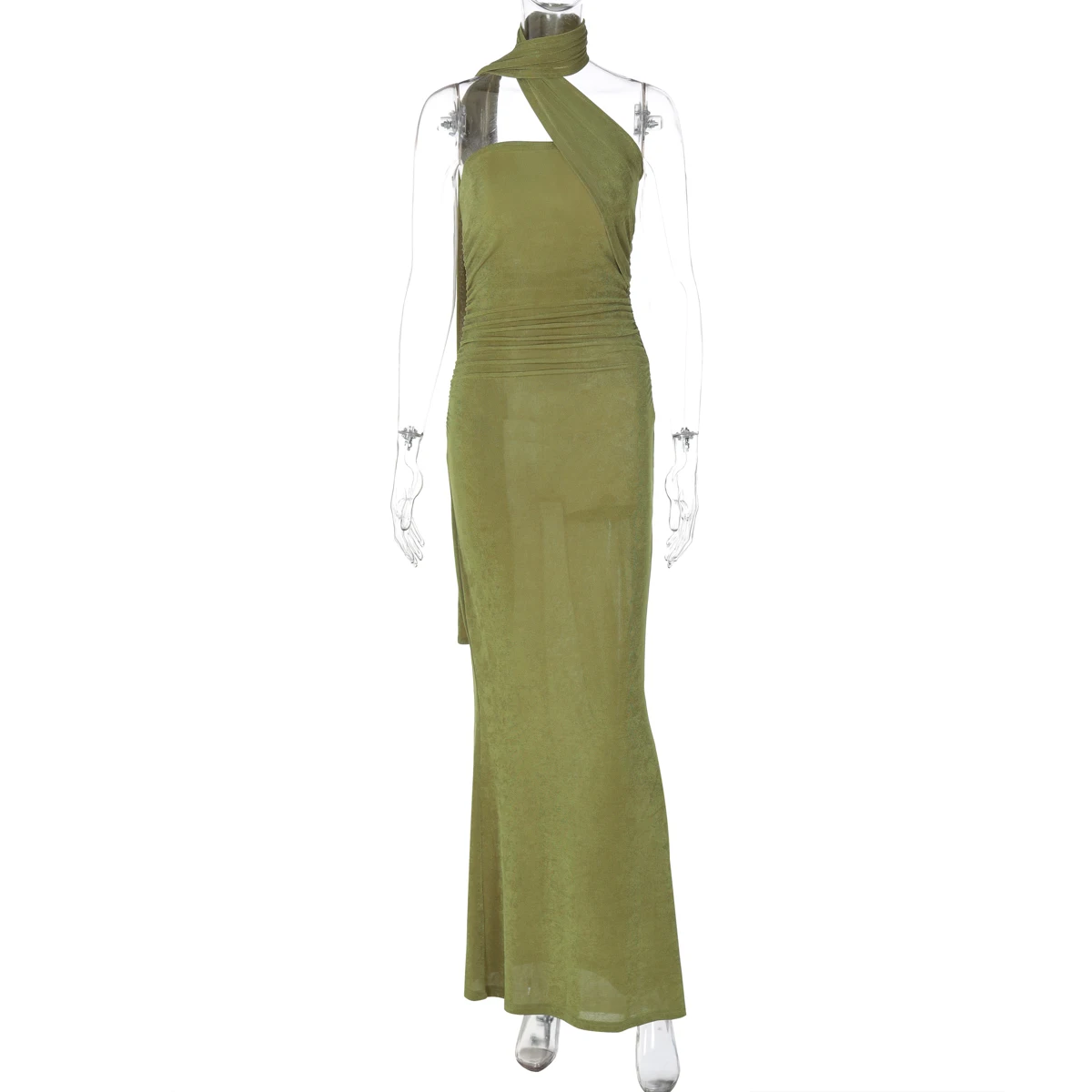 Hugcitar Halter Solid Sleeveless Backless Ruched Sexy Bodycon Maxi Prom Dress Summer Women Elegant Outfit Evening Party Birthday