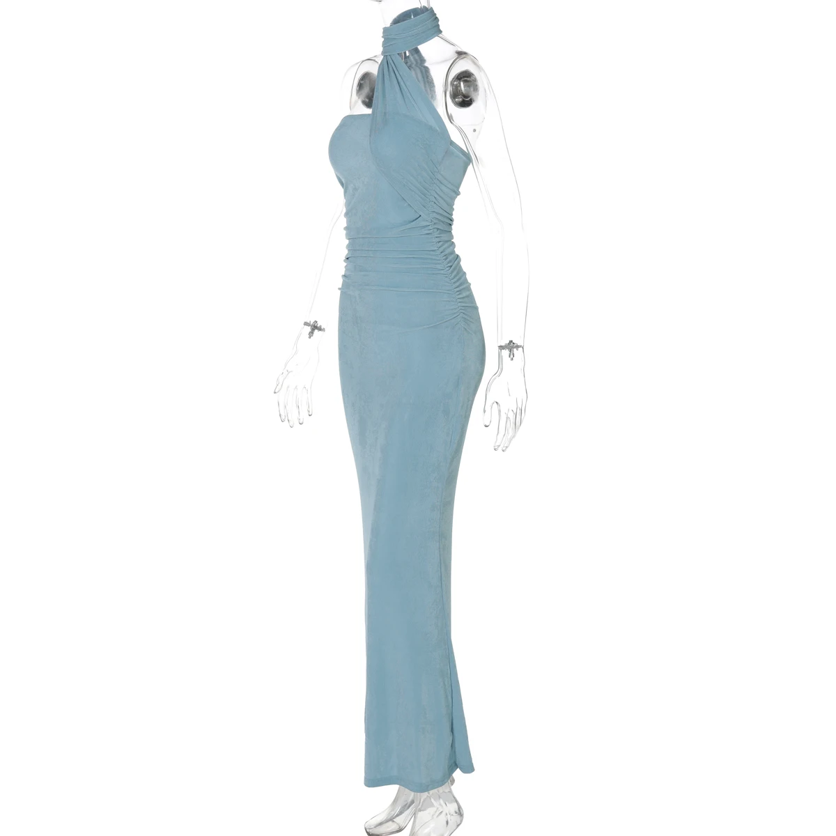 Hugcitar Halter Solid Sleeveless Backless Ruched Sexy Bodycon Maxi Prom Dress Summer Women Elegant Outfit Evening Party Birthday