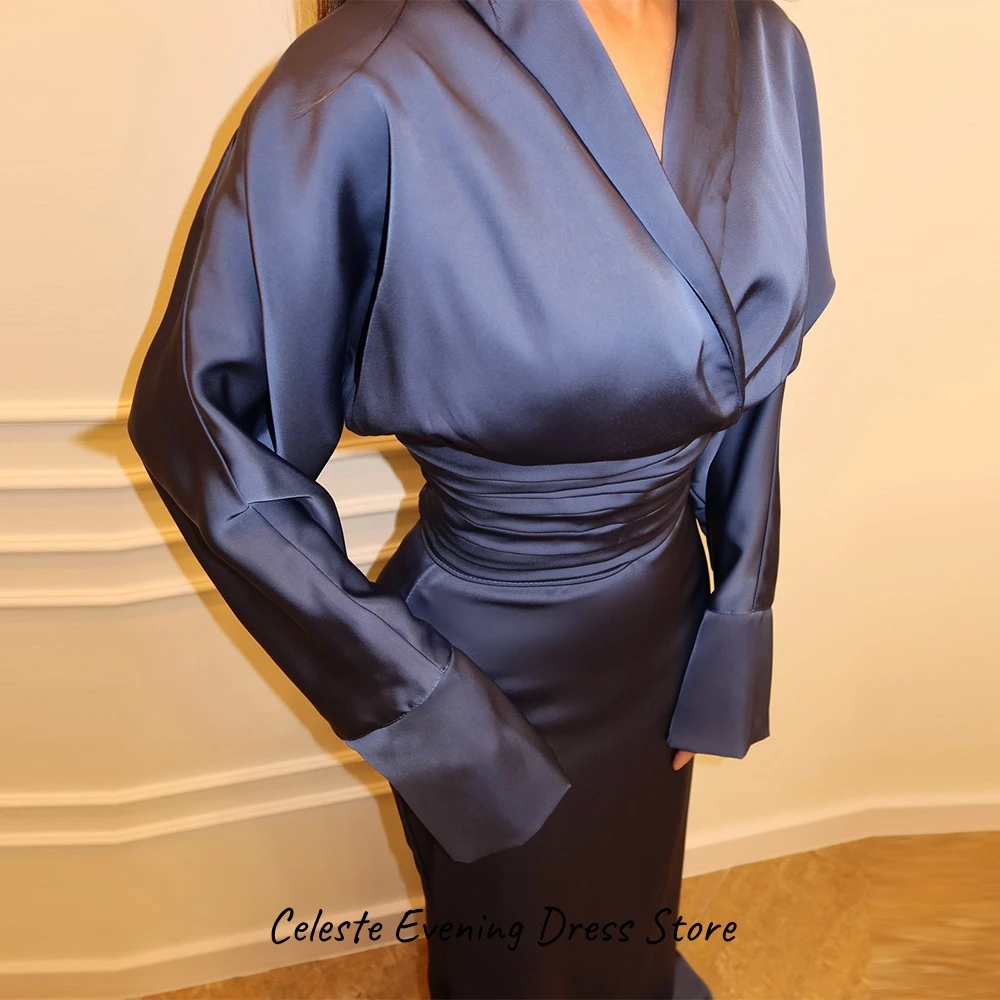 Elegant V-Neck Long Sleeve Dresses Evening Dress Classic Satin Prom Dresses Modern Customized Simple Bespoke Occasion Gowns