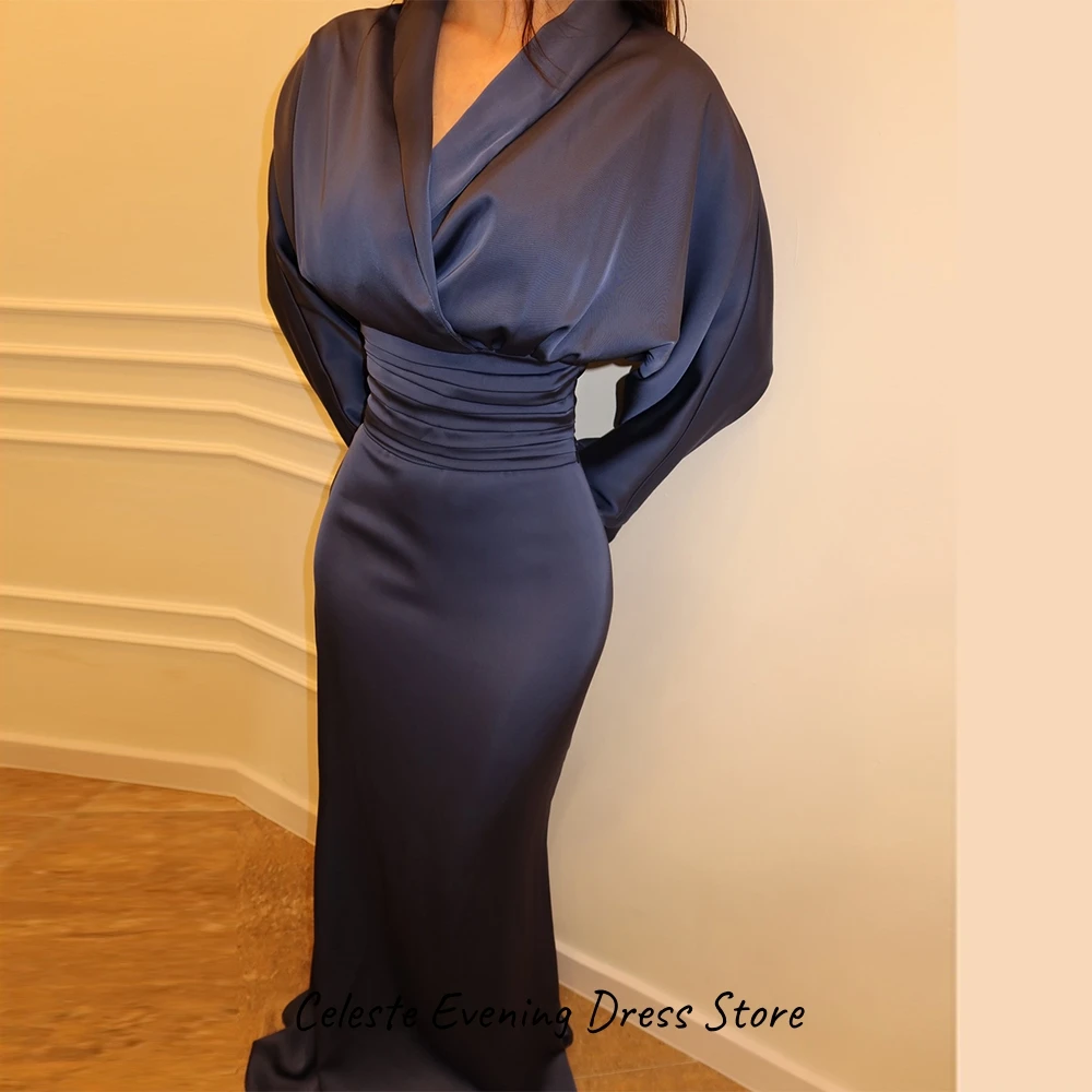 Elegant V-Neck Long Sleeve Dresses Evening Dress Classic Satin Prom Dresses Modern Customized Simple Bespoke Occasion Gowns